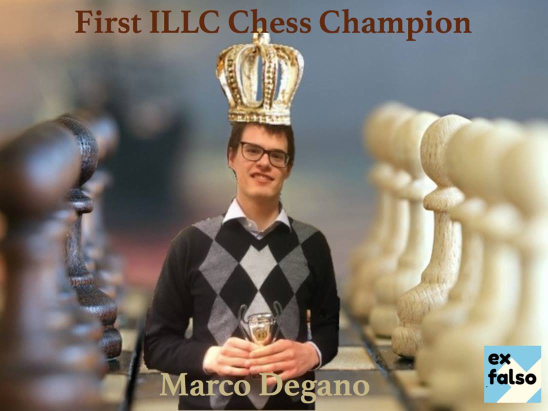 Poster showing first ILLC Chess Champion Marco Degano in a photoshopped crown and holding a trophy